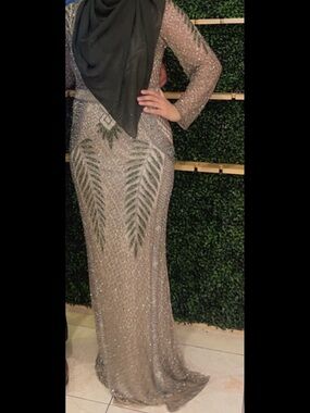 Embellished Beaded Evening Gown with Leaf Motif - Taupe & Olive